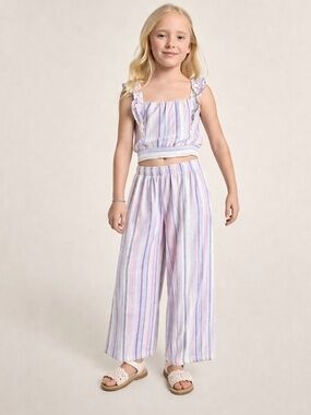 Olivia Kay Girls Set Ruffle Crop Top and Wide Leg Pants Pastel Stripes Size L/XL